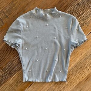 SHEIN Blue Fitted Short Sleeve Tee with Mandarin Collar